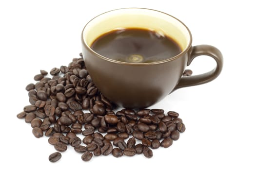 cup of hot coffee and coffee beans in white background