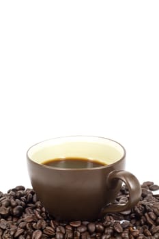 Hot coffee in white background and coffee beans