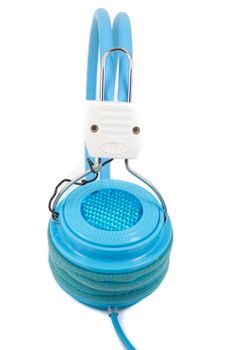 Used blue headphone in white background