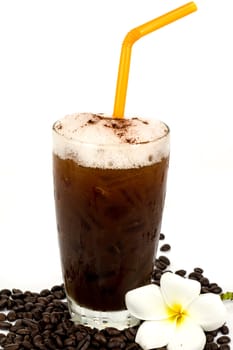 ice coffee on white background with coffee beans