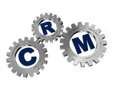 CRM, customer relationship management - letters in 3d silver grey gearwheels, business concept