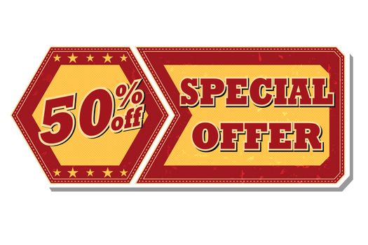 50 percentages off discount special offer - retro style red ocher hexagon and flyer label with text and stars, business concept