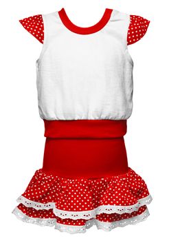 Old-fashioned red dress with polka dots for girls isolated on white background