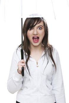 Emotional girl with white umbrella