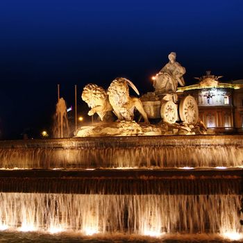 Cibeles night statue in Madrid Paseo Castellana of Spain