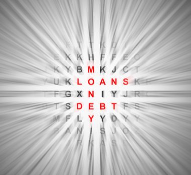 Illustration depicting a simple wordsearch puzzle with motion blur resulting in central financial words in focus.