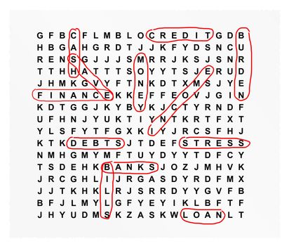 Illustration depicting a simple wordsearch puzzle with financial words ringed.