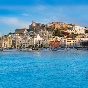 Ibiza Eivissa town with blue Mediterranean sea city view