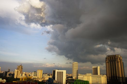 Singapore city area evening skyline.