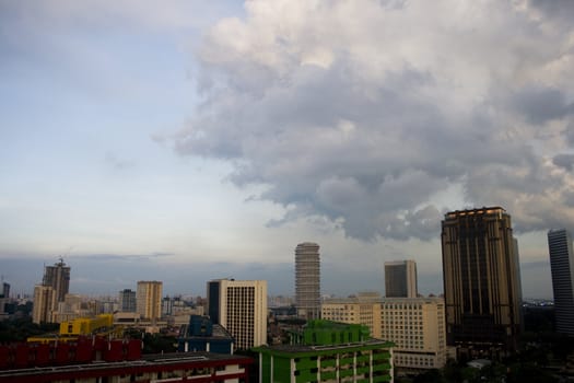 Singapore city area evening skyline.