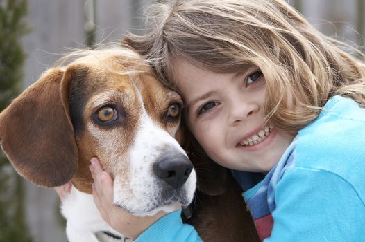 a cute picture of a young beagle and a little girl