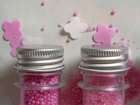 Bottles with pink salt for baths 