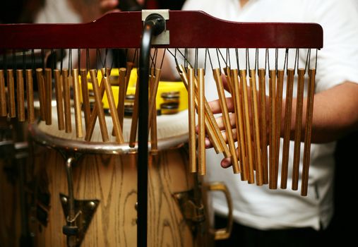 The drummer plays alive music on percussion