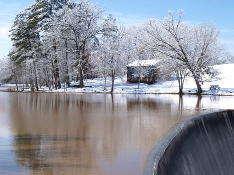 A winter scene at a dam in rural North Carolina