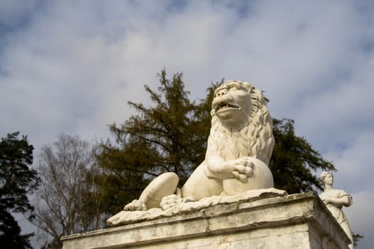 Marble lion looks at sky
