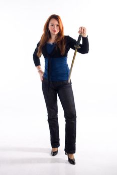 Young girl handing japan sword on white background
