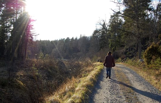 A woman having a countryside walk during early spring.