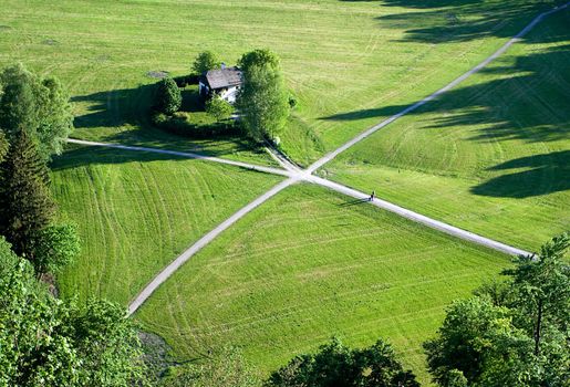 Lonely house in a green grassy field, connected with pathways and people are walking up the one of them