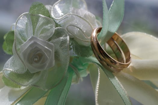 Wedding rings on a satiny tape. 