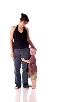 Mother and son standing close (white background)