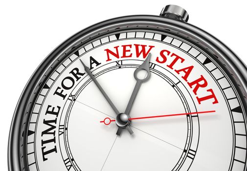time for a new start concept clock closeup on white background with red and black words