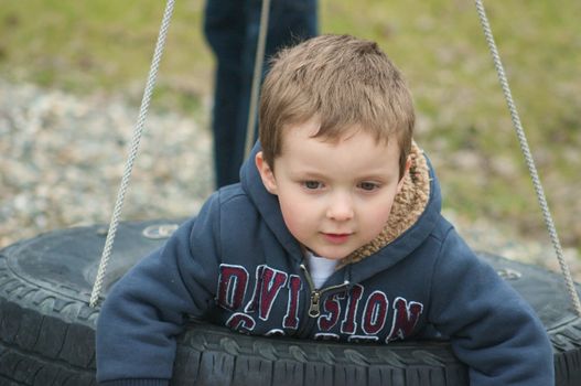 Little boy playing in a tire swing