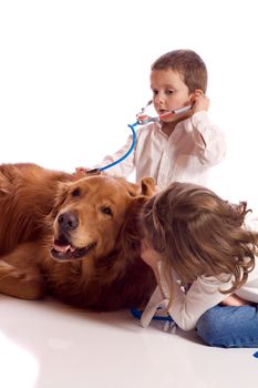 Cute little brother and sister playing veterinary with their dog