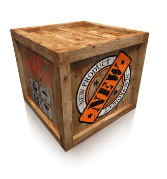 new product stamp sign on wooden box crate on white background. clipping path included