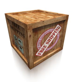 wooden box crate with free shipping grudge sign. clipping path included