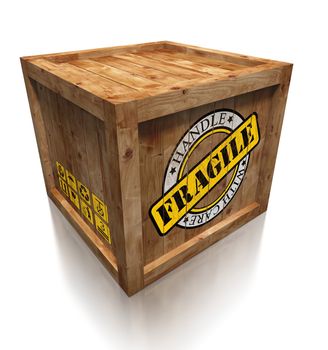 wooden box crate with grunge fragile symbol on white background. clipping path included