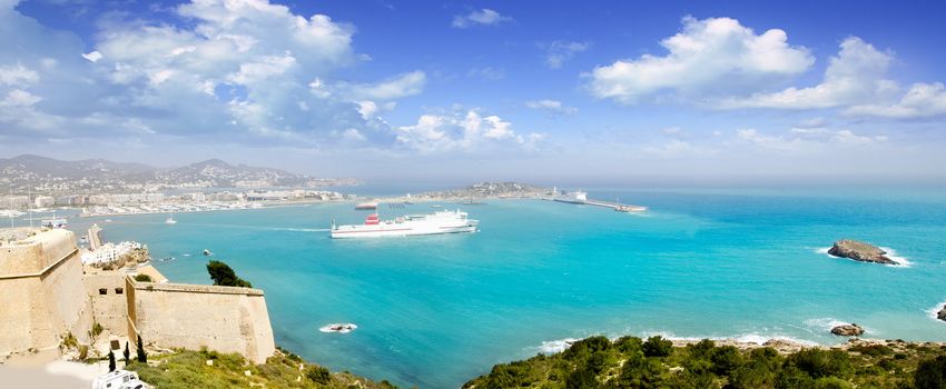 Ibiza panoramic view from up castle ferry boat Balearic islands