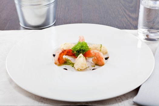 fresh tasty grilled shrimps with potato and kohlrabi puree vegetarian food