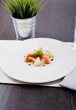 fresh tasty grilled shrimps with potato and kohlrabi puree vegetarian food