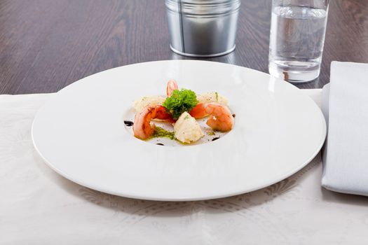 fresh tasty grilled shrimps with potato and kohlrabi puree vegetarian food
