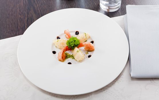 fresh tasty grilled shrimps with potato and kohlrabi puree vegetarian food