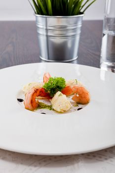 fresh tasty grilled shrimps with potato and kohlrabi puree vegetarian food