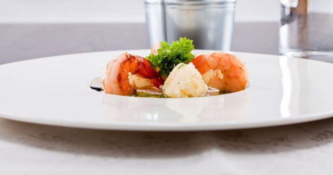 fresh tasty grilled shrimps with potato and kohlrabi puree vegetarian food