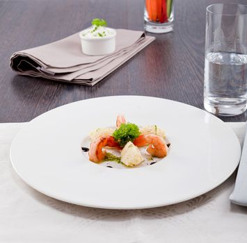 fresh tasty grilled shrimps with potato and kohlrabi puree vegetarian food