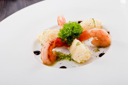 fresh tasty grilled shrimps with potato and kohlrabi puree vegetarian food