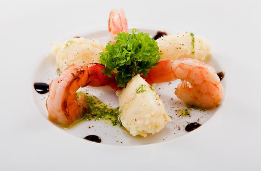 fresh tasty grilled shrimps with potato and kohlrabi puree vegetarian food