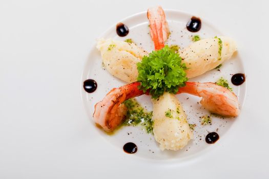 fresh tasty grilled shrimps with potato and kohlrabi puree vegetarian food