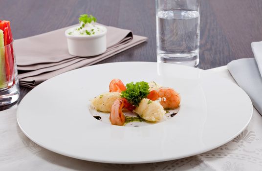 fresh tasty grilled shrimps with potato and kohlrabi puree vegetarian food