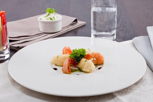 fresh tasty grilled shrimps with potato and kohlrabi puree vegetarian food