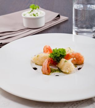 fresh tasty grilled shrimps with potato and kohlrabi puree vegetarian food