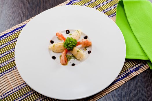 fresh tasty grilled shrimps with potato and kohlrabi puree vegetarian food