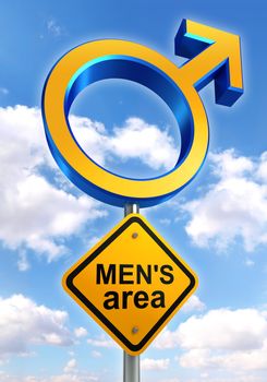 male symbol road sign with mens area text on sky background. clipping path included 