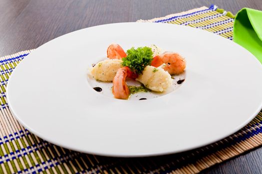 fresh tasty grilled shrimps with potato and kohlrabi puree vegetarian food