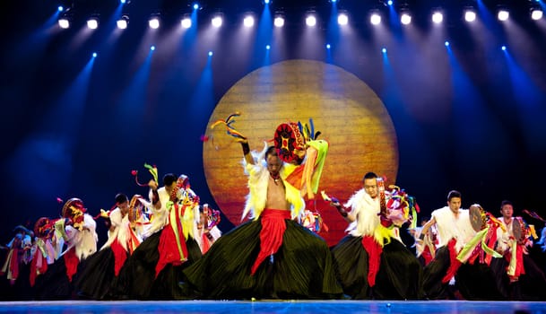 CHENGDU - SEP 26: chinese Yi ethnic dance performed by song and dance troupe of Liangshan Yi autonomous prefecture at JIAOZI theater in the 6th Sichuan minority nationality culture festival.Sep 26,2010 in Chengdu, China.