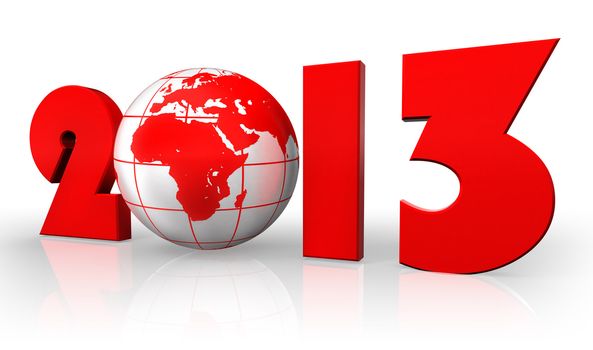 new year 2013 red number and globe on white background. clipping path included