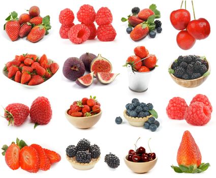 Collection of Berries with Strawberry, Raspberry, Cherry, Blackberry, Blueberry and Figs isolated on white background